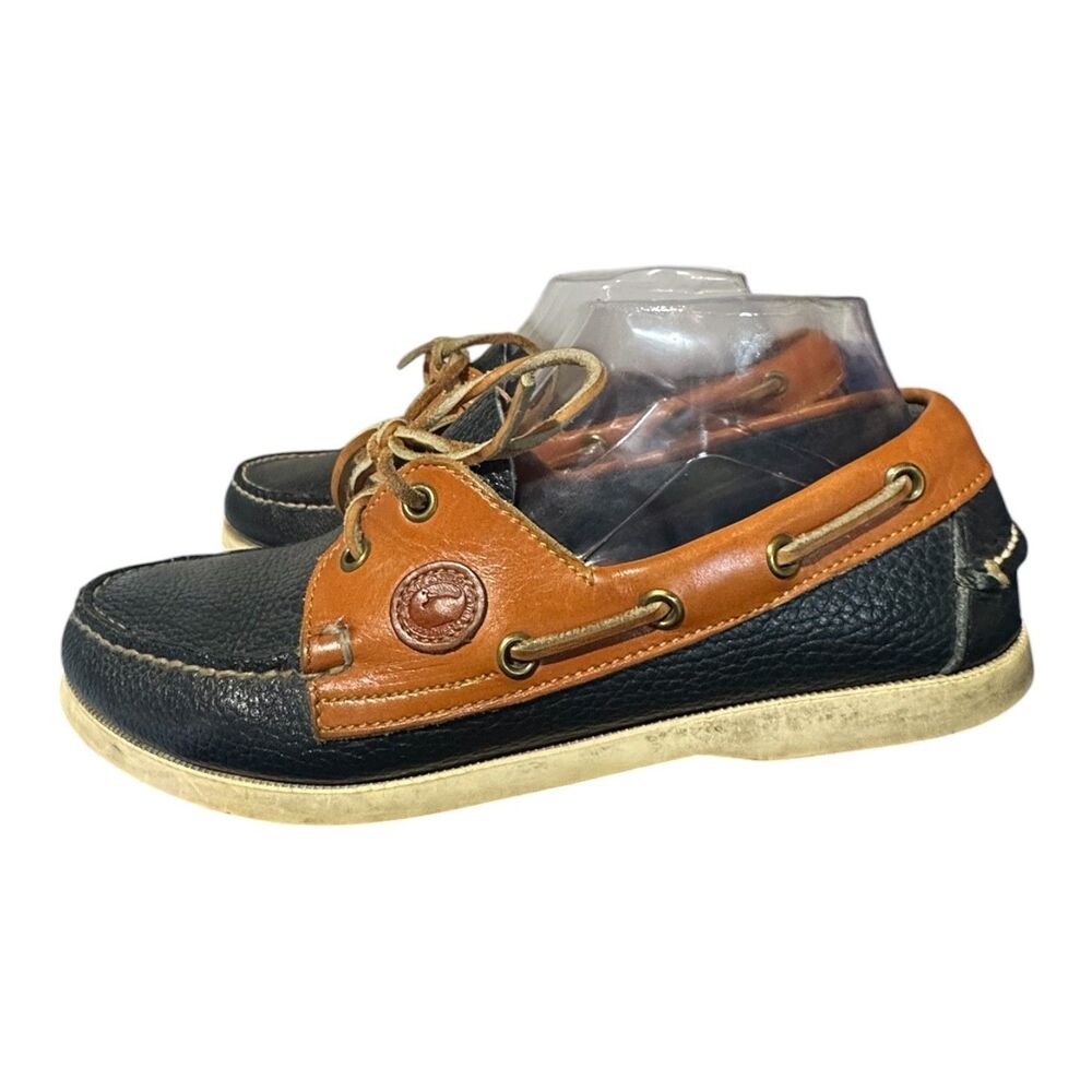 Vtg Dooney & Bourke Women’s 8.5 Navy Pebble Leather Regatta Boat Shoes Logo Prep